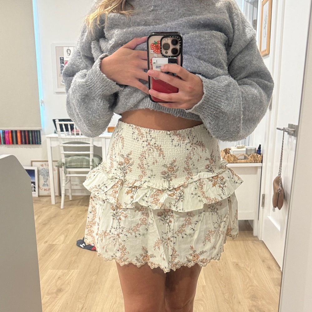 LoveShackFancy Cream Floral Mini Skirt